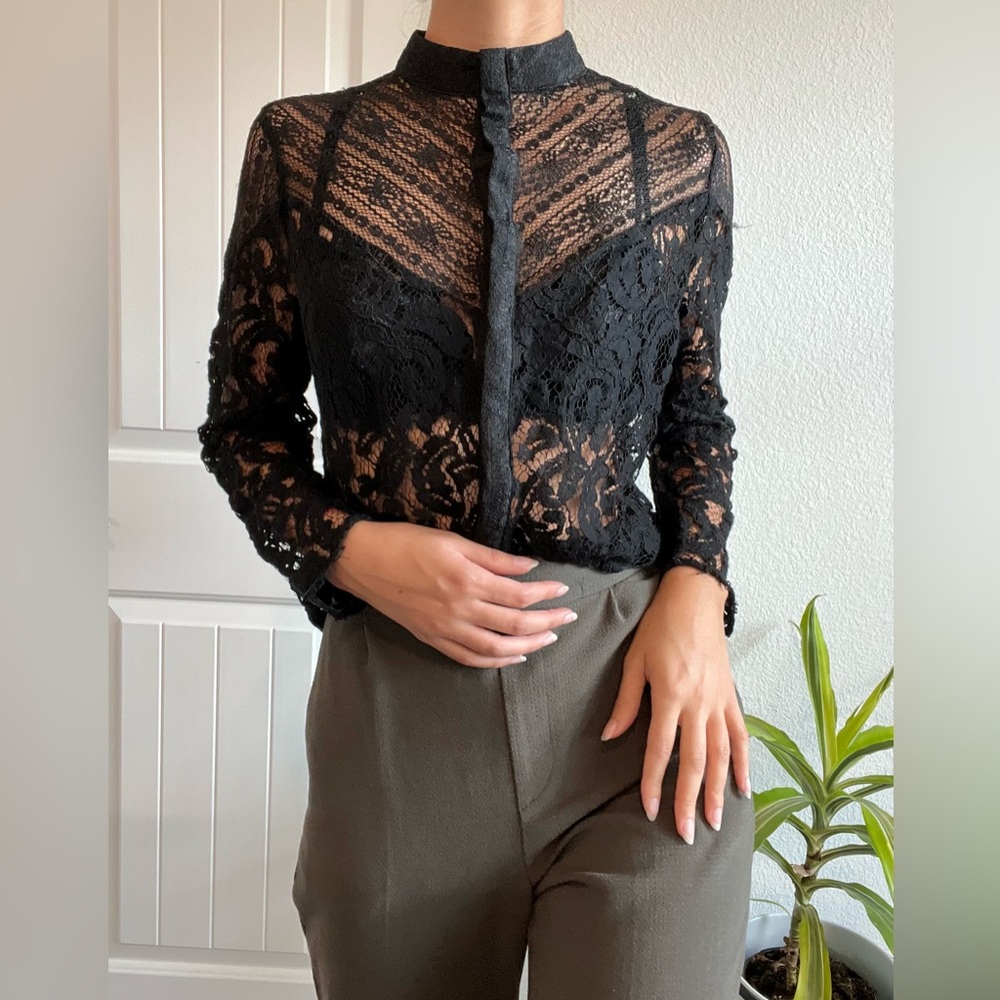 Worthington - Black Lace Band Collar Button-Up Long-Sleeve Blouse